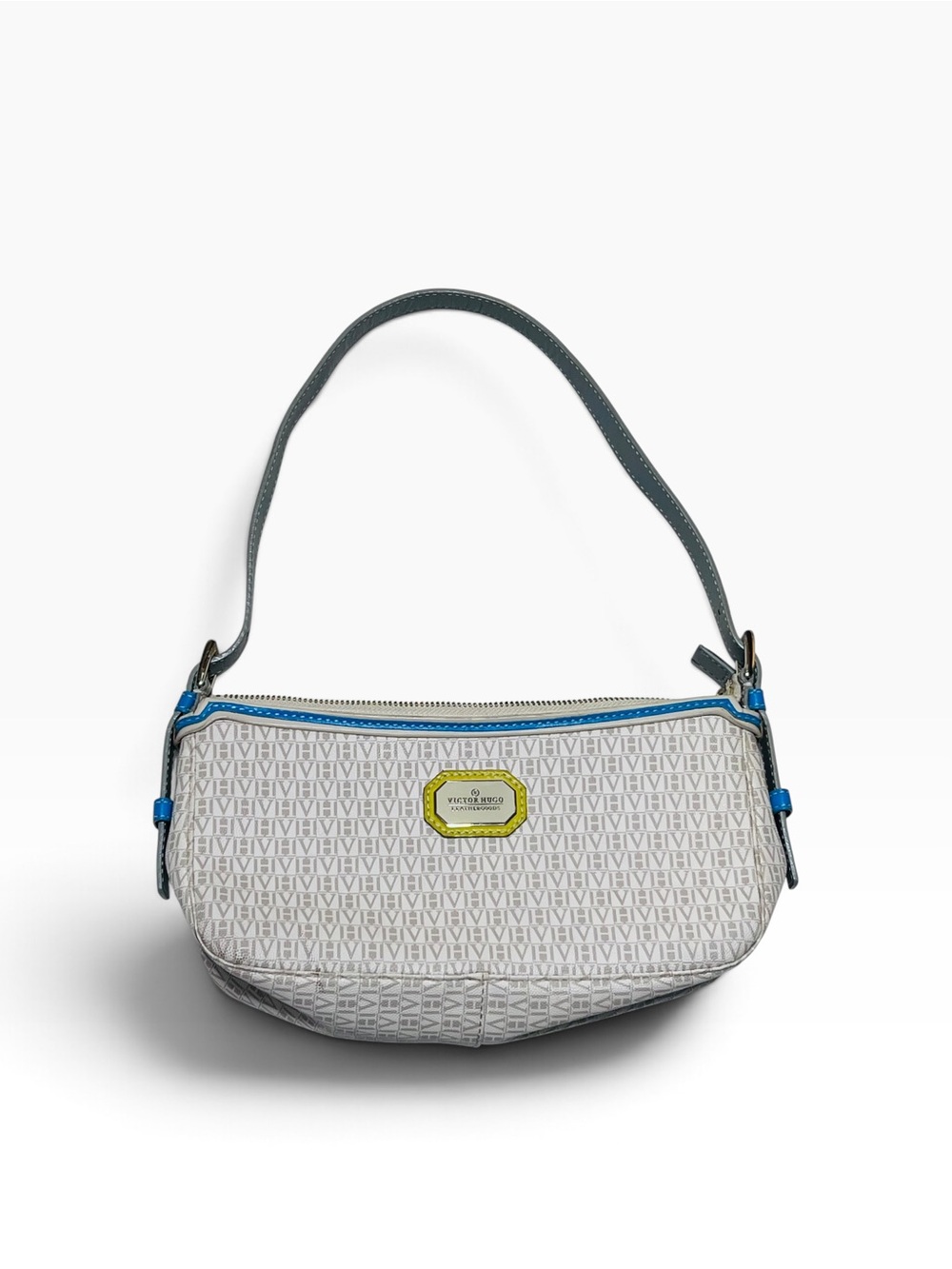 Victor Hugo Y2K Style White Logo Shoulder Bag with Blue Trim